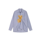 Sad bear jacquard appliqué pintuck shirt