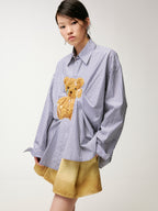 Sad bear jacquard appliqué pintuck shirt