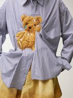 Sad bear jacquard appliqué pintuck shirt