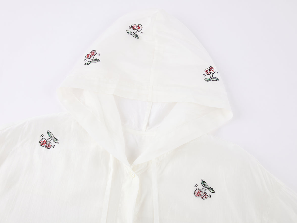 Rhinestone sporty cherry hooded shirt
