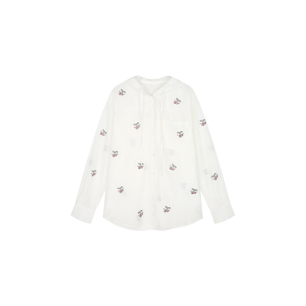 Rhinestone sporty cherry hooded shirt