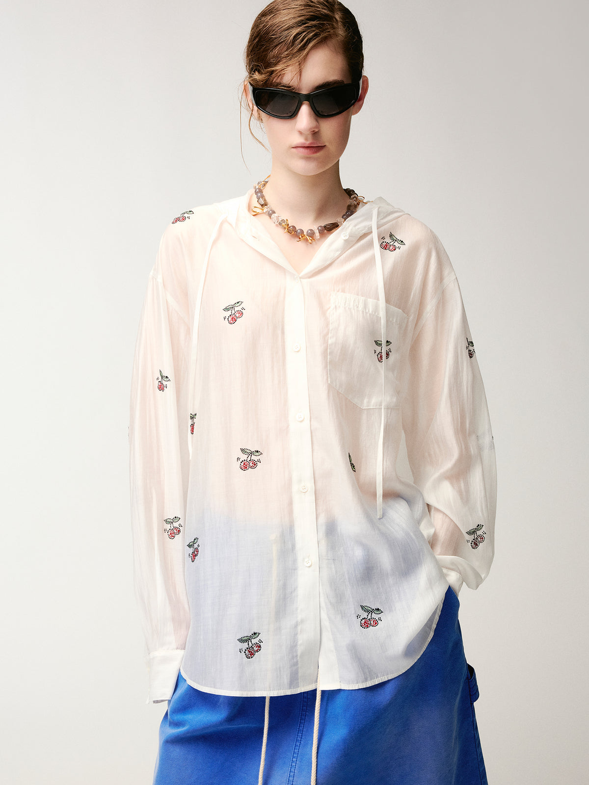 Rhinestone sporty cherry hooded shirt