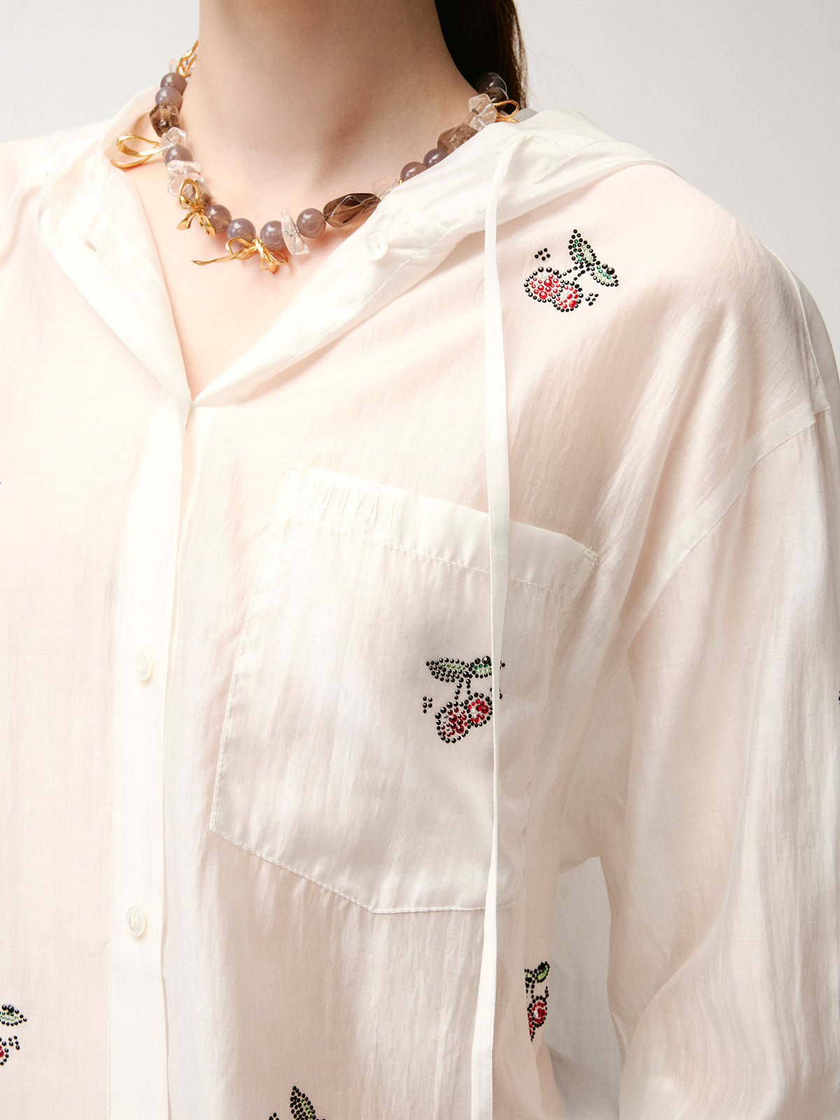 Rhinestone sporty cherry hooded shirt
