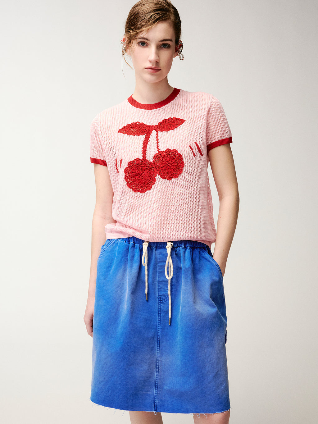 Handmade sporty cherry knit T-shirt
