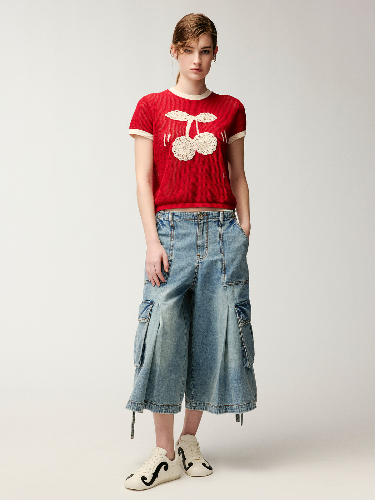 Handmade sporty cherry knit T-shirt