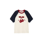 Handmade sporty cherry raglan knit T-shirt