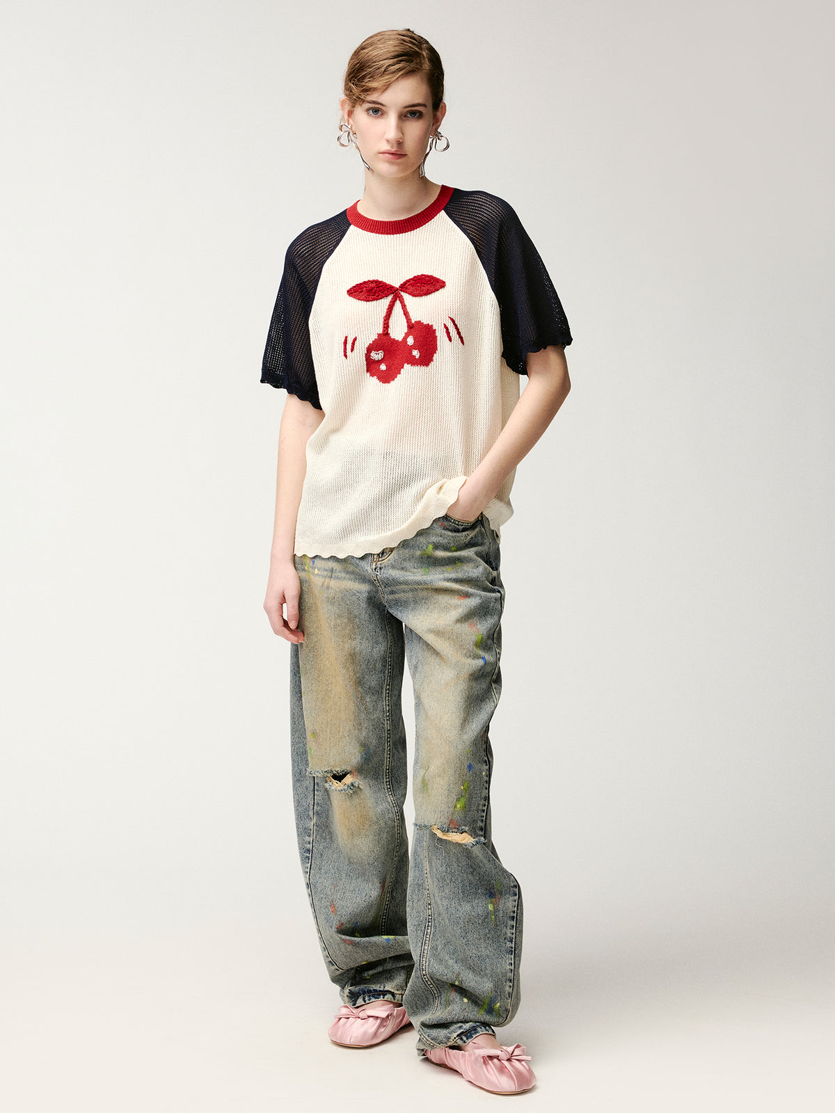 Handmade sporty cherry raglan knit T-shirt