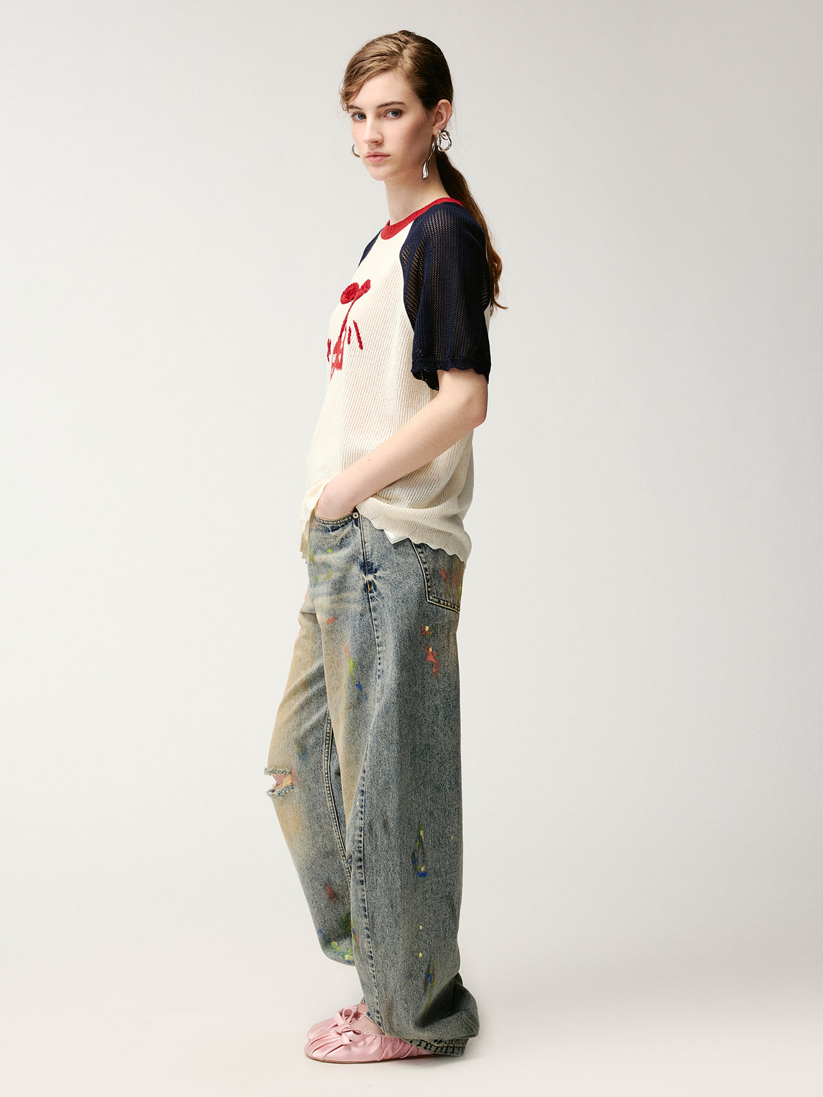 Handmade sporty cherry raglan knit T-shirt