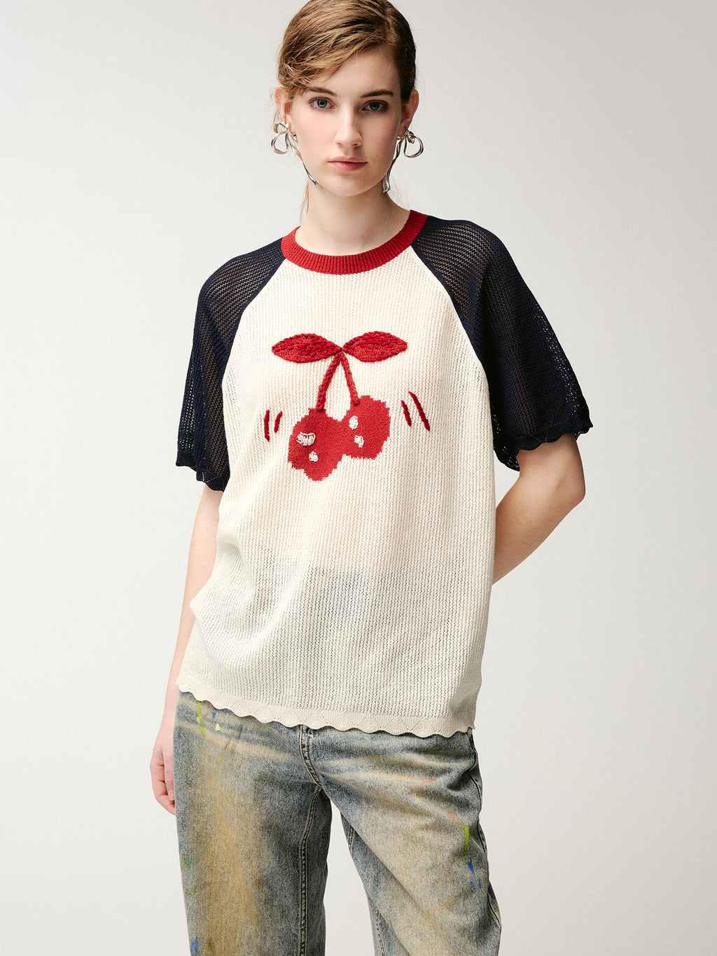 Handmade sporty cherry raglan knit T-shirt