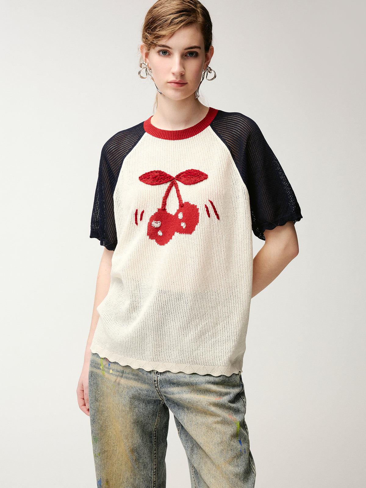 Handmade sporty cherry raglan knit T-shirt