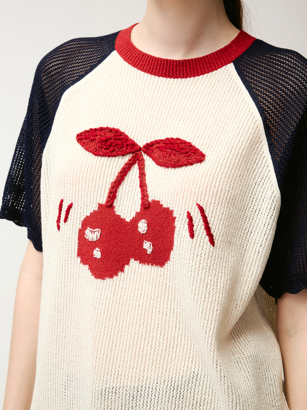 Handmade sporty cherry raglan knit T-shirt