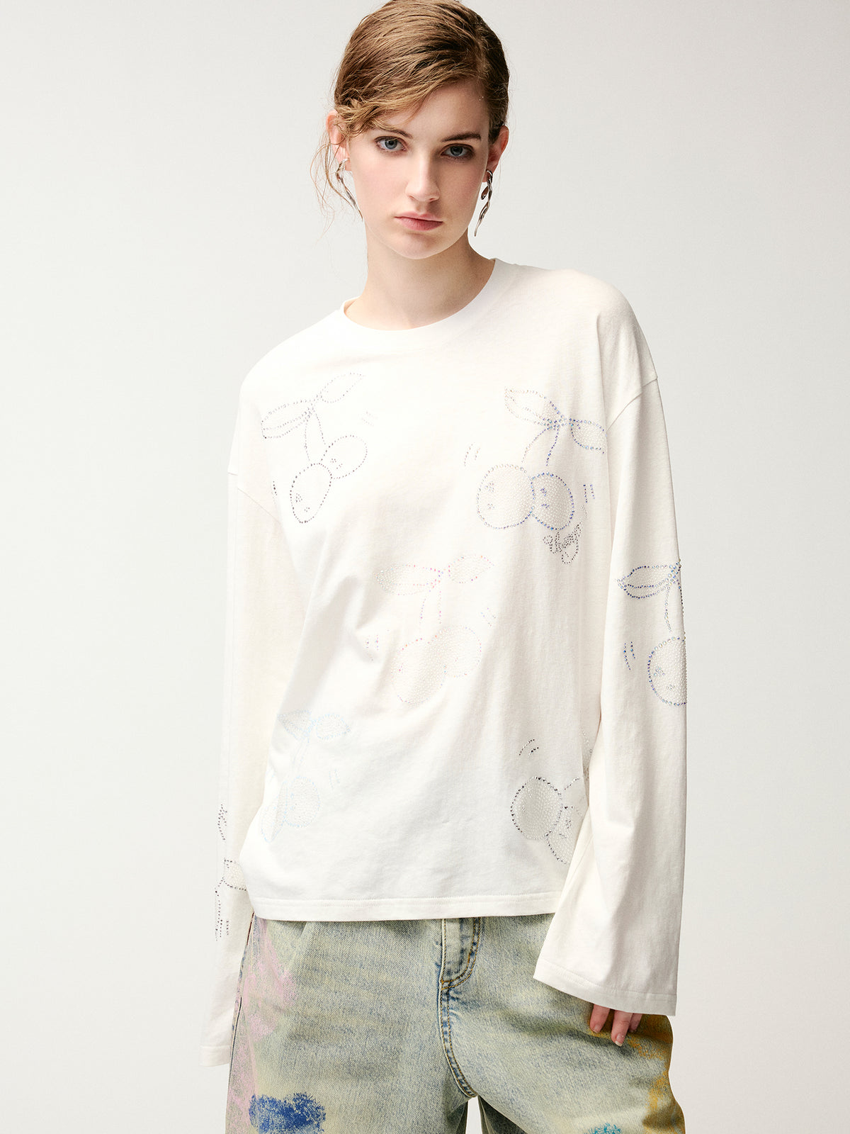 Rhinestone sporty cherry long-sleeve T-shirt