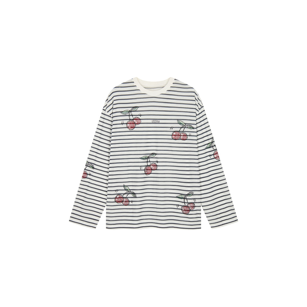 Rhinestone sporty cherry striped sweatshirt