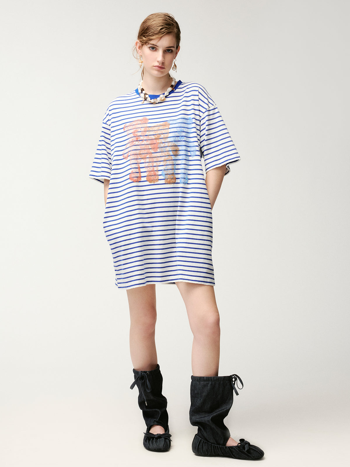 HUG bear print sailor stripe dress