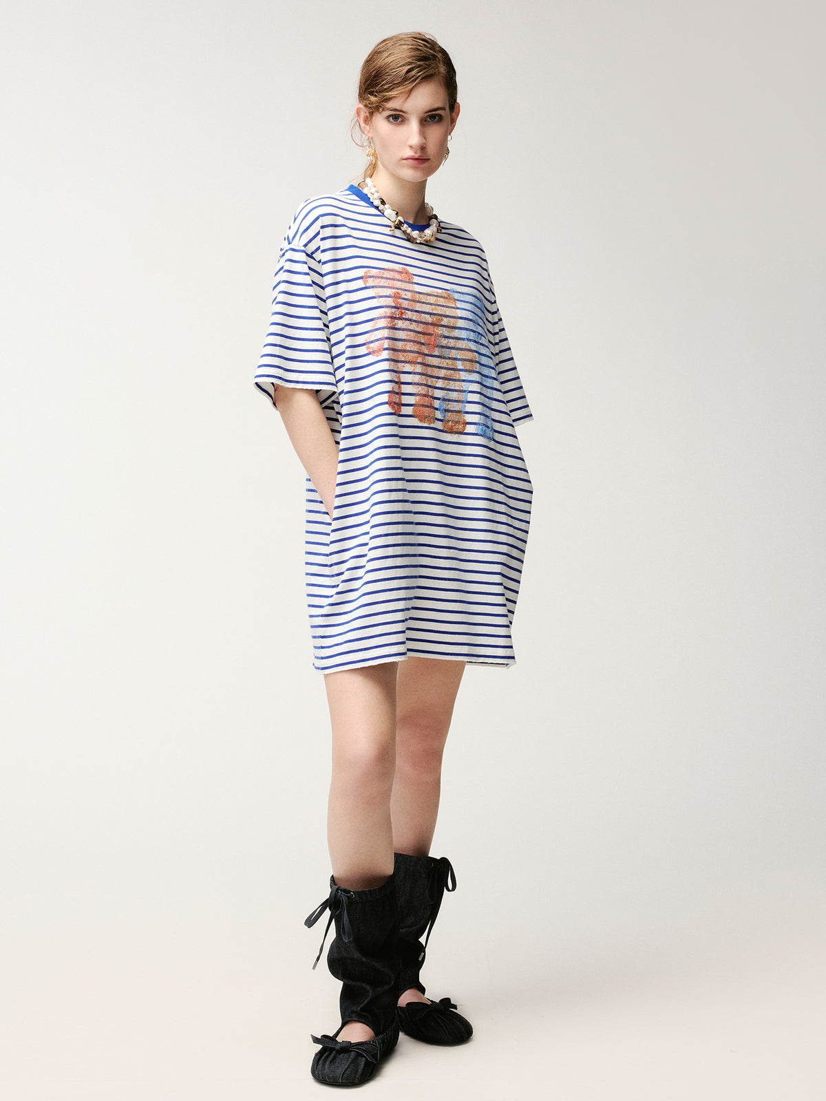 HUG bear print sailor stripe dress