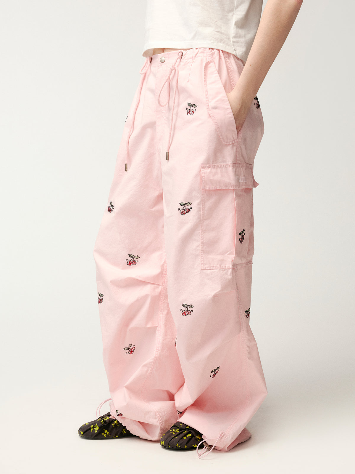 Rhinestone sporty cherry cargo pants