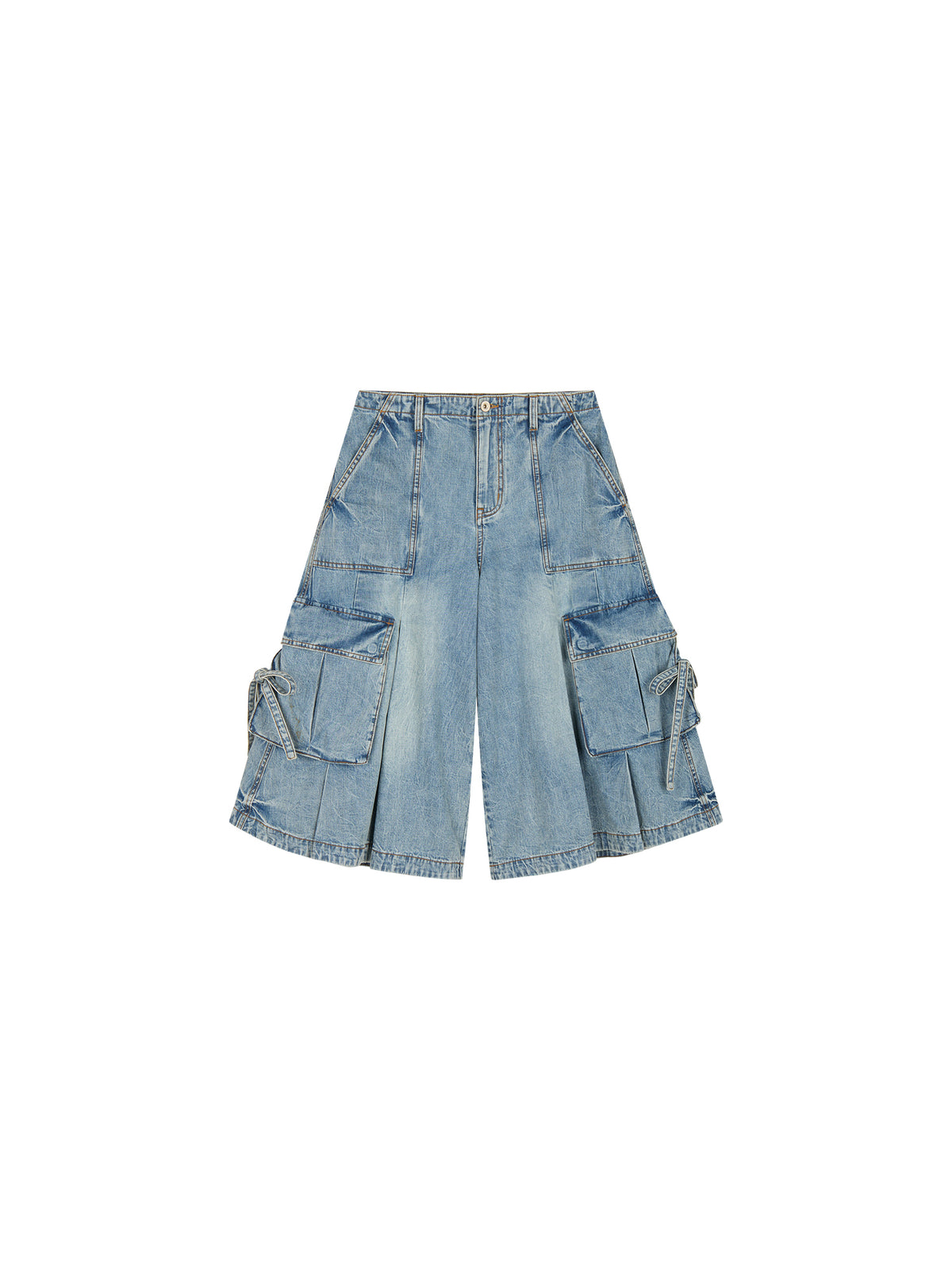 Multi-pocket pleated denim pants