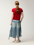 Multi-pocket pleated denim pants