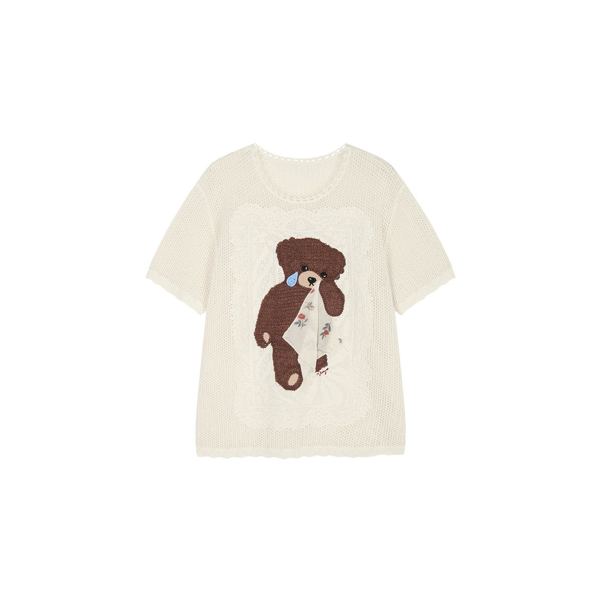 Sad bear embroidered hollow knit T-Shirt
