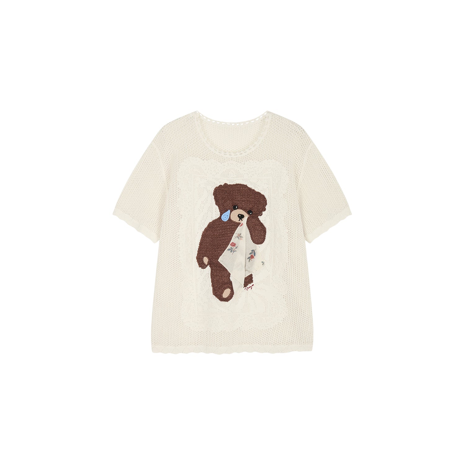 Sad bear embroidered hollow knit T-Shirt