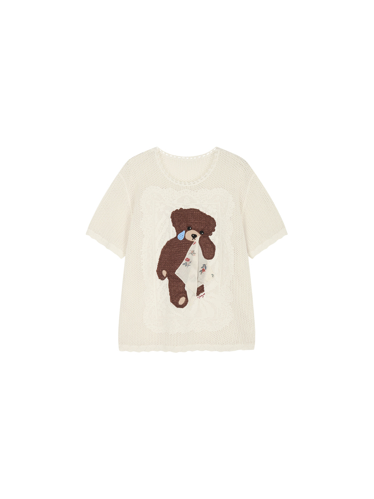 Sad bear embroidered hollow knit T-Shirt