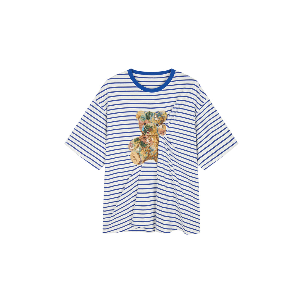 Sad bear appliqué embroidery pintuck T-Shirt