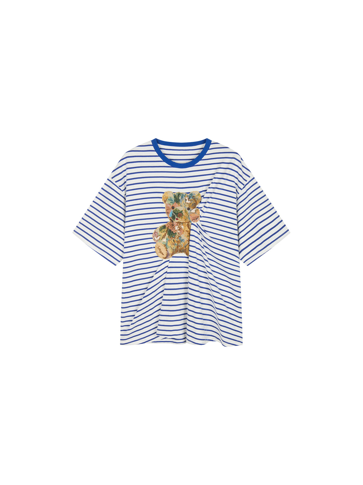 Sad bear appliqué embroidery pintuck T-Shirt