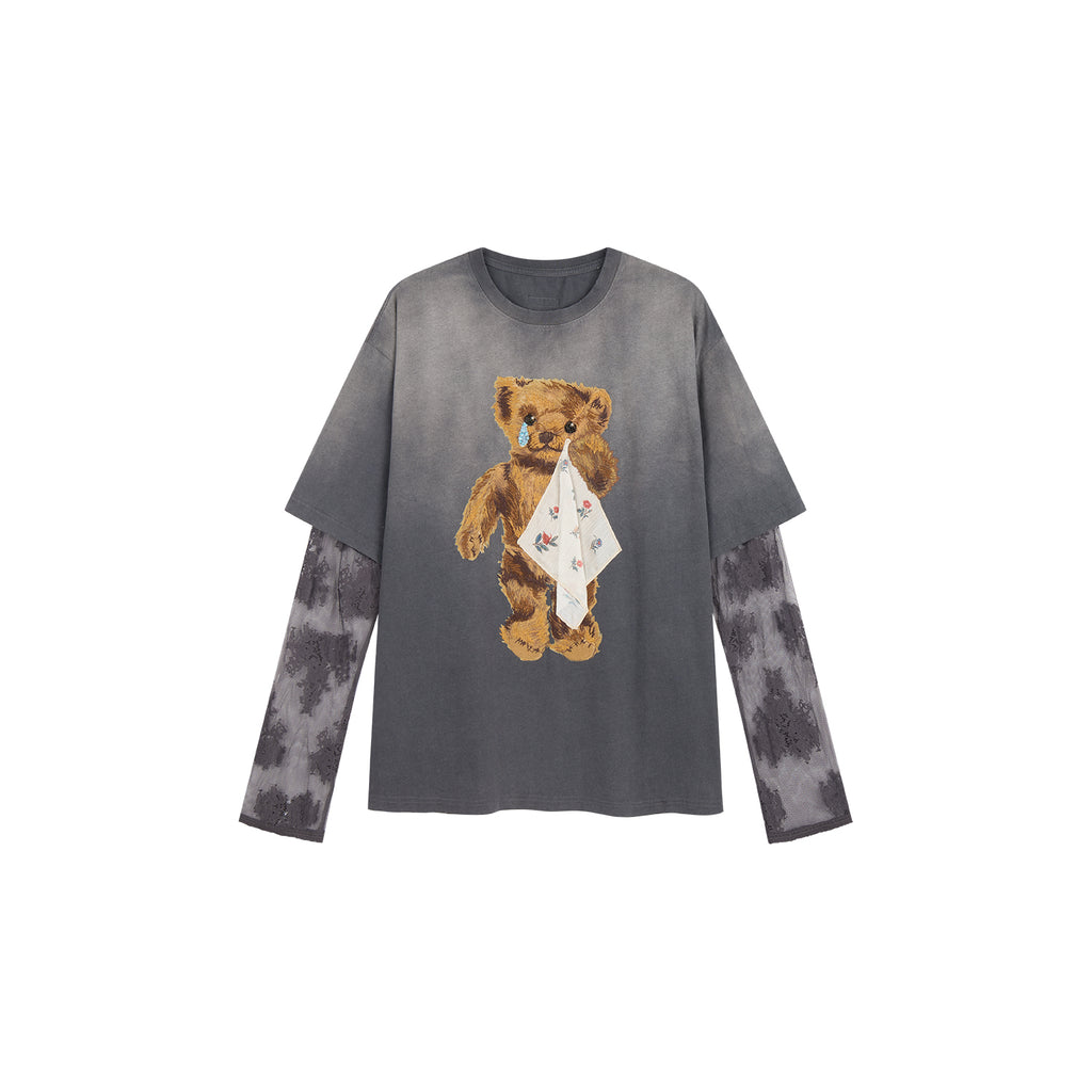 Sad bear appliqué embroidery faux two-piece T-Shirt
