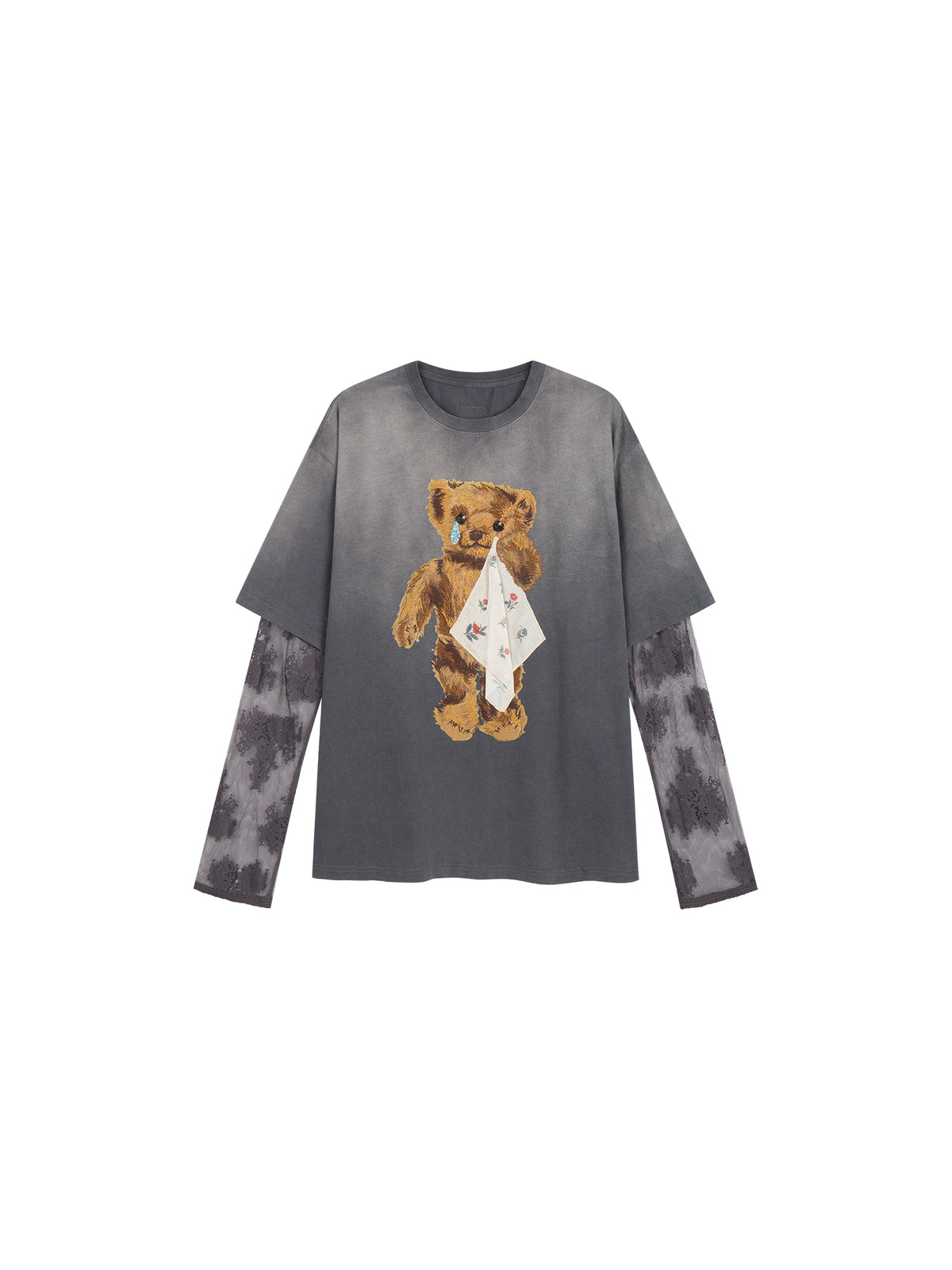 Sad bear appliqué embroidery faux two-piece T-Shirt