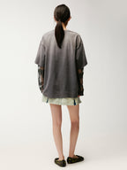 Sad bear appliqué embroidery faux two-piece T-Shirt