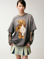 Sad bear appliqué embroidery faux two-piece T-Shirt
