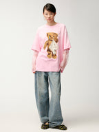 Sad bear appliqué embroidery faux two-piece T-Shirt