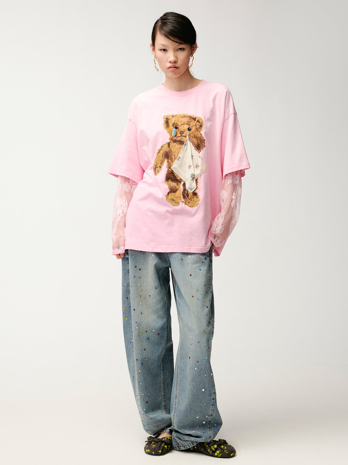 Sad bear appliqué embroidery faux two-piece T-Shirt