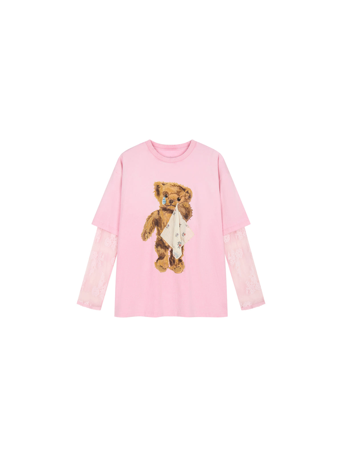 Sad bear appliqué embroidery faux two-piece T-Shirt