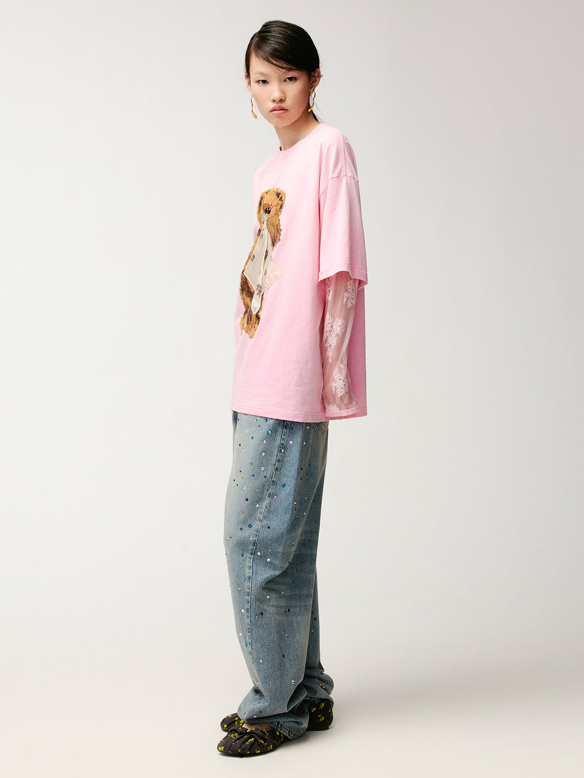 Sad bear appliqué embroidery faux two-piece T-Shirt