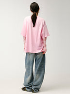 Sad bear appliqué embroidery faux two-piece T-Shirt