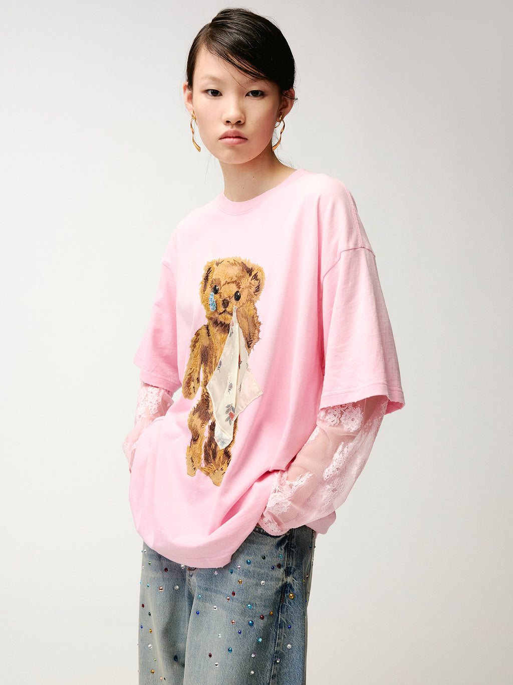 Sad bear appliqué embroidery faux two-piece T-Shirt
