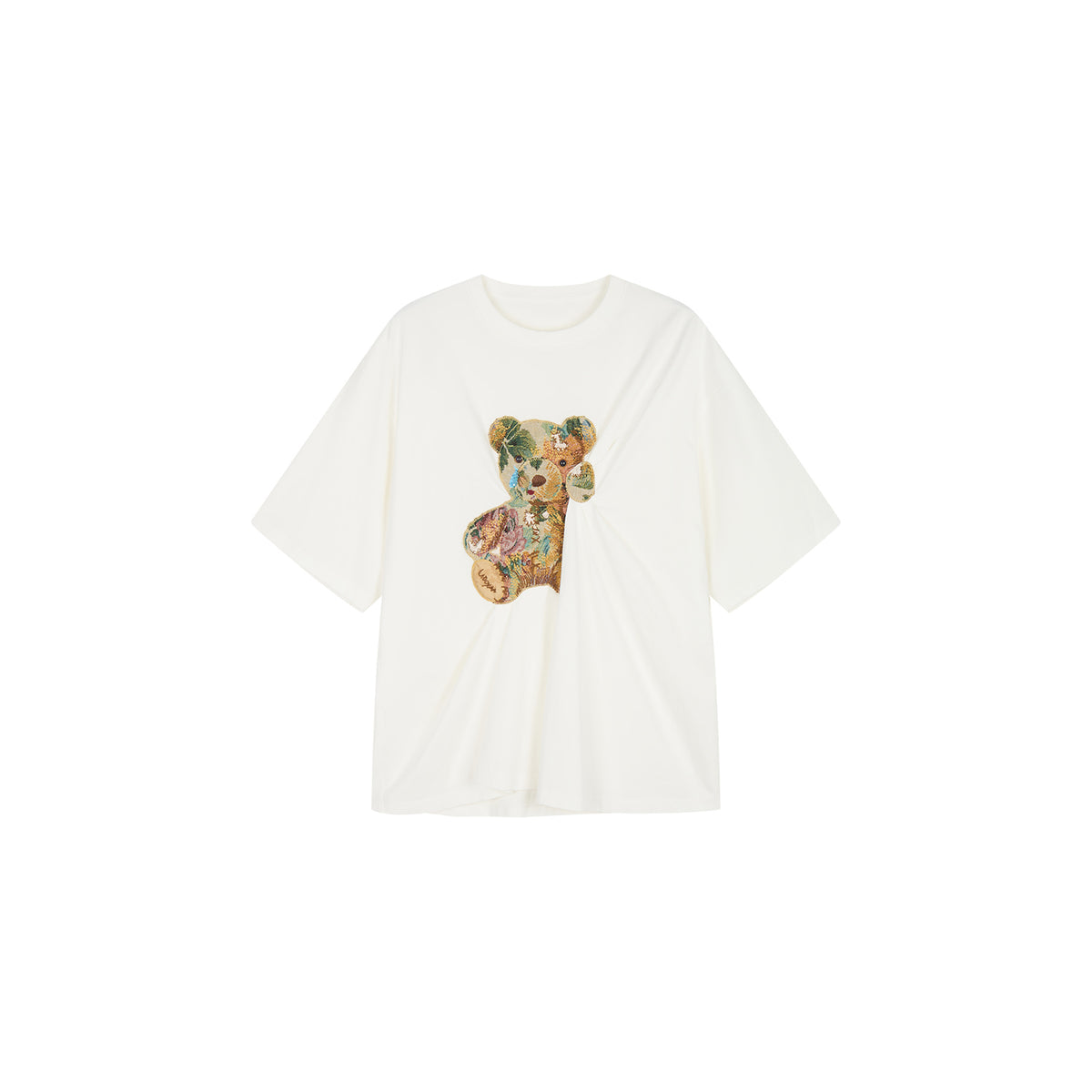 Sad bear jacquard appliqué pintuck T-Shirt