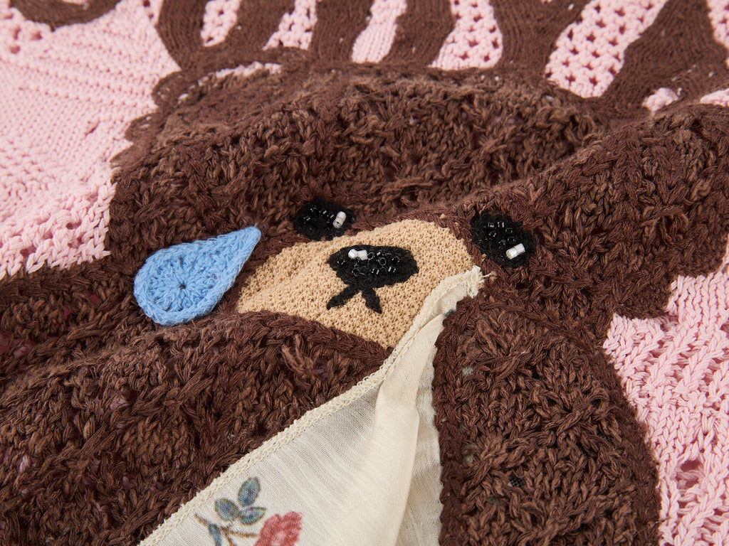 Sad bear embroidered hollow knit dress