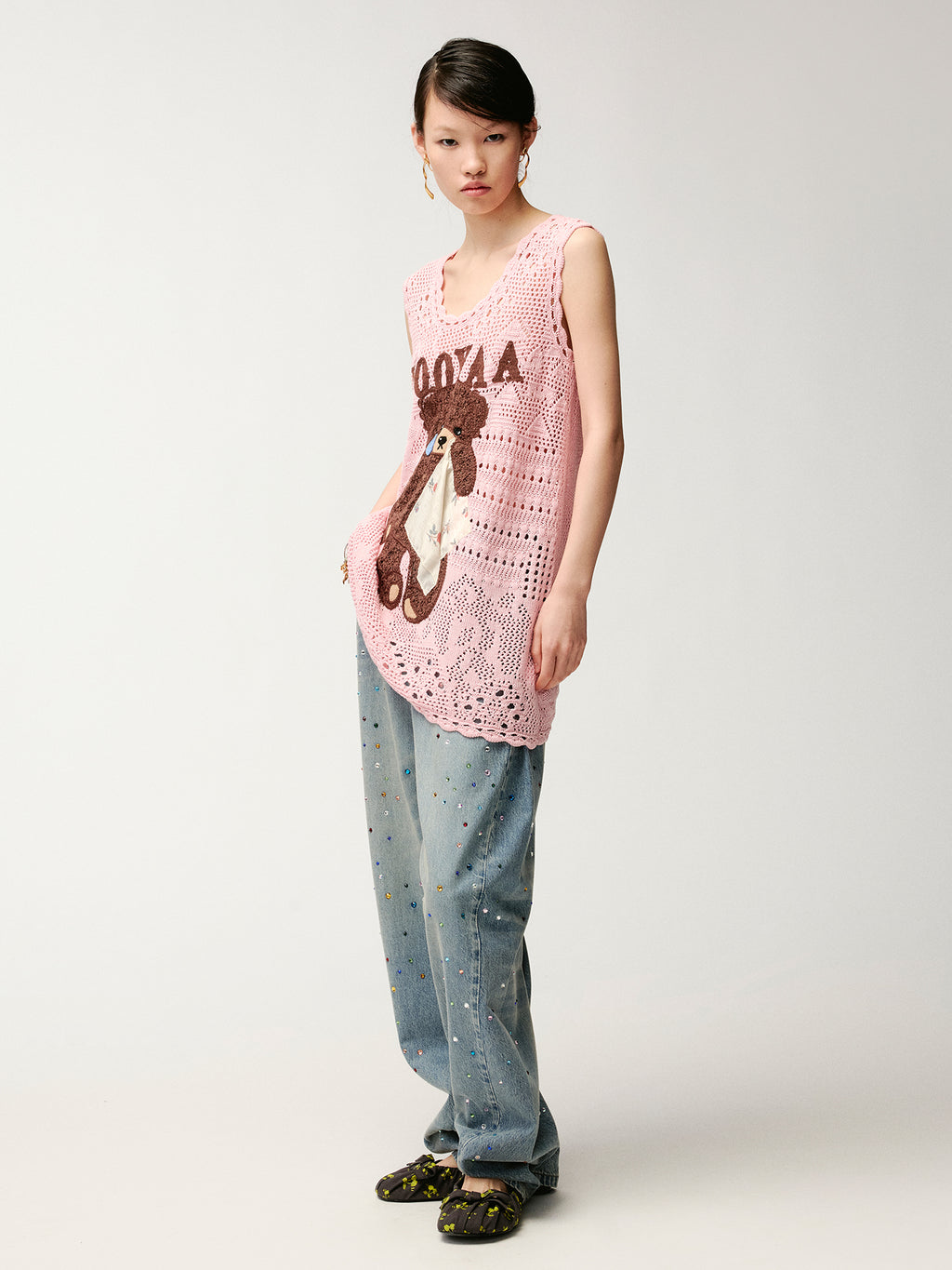 Sad bear embroidered hollow knit dress