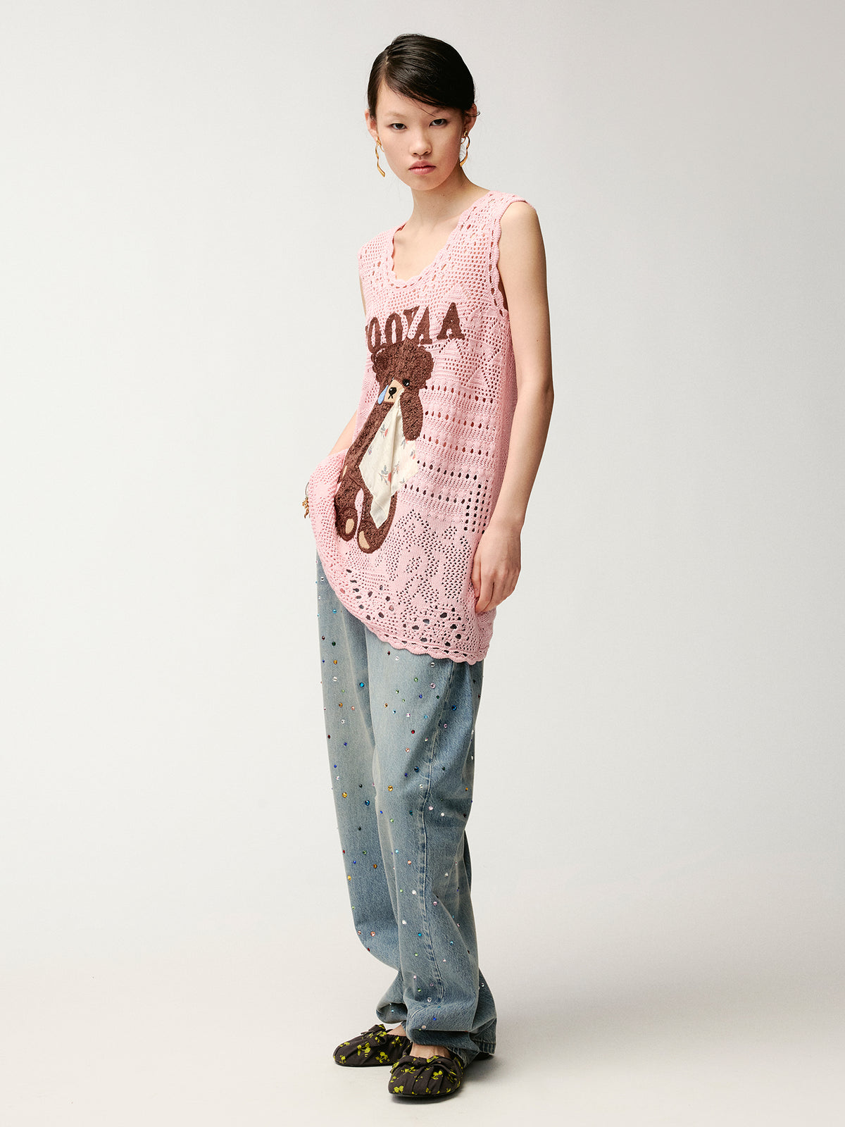 Sad bear embroidered hollow knit dress