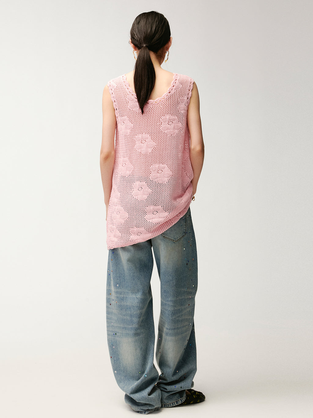 Sad bear embroidered hollow knit dress