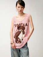 Sad bear embroidered hollow knit dress