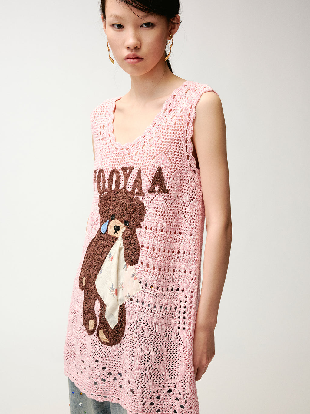 Sad bear embroidered hollow knit dress