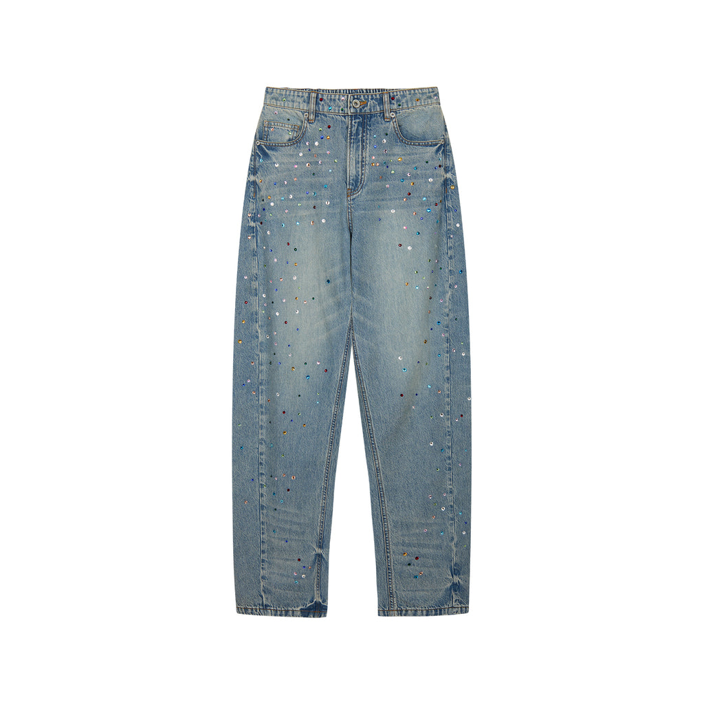 Rhinestone curved denim trousers