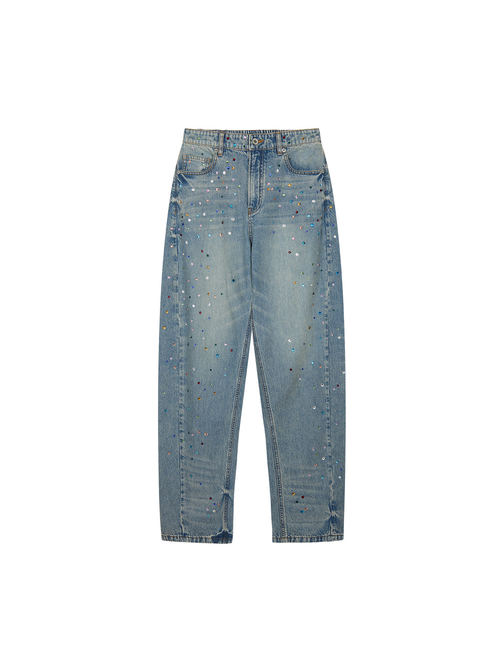 Rhinestone curved denim trousers
