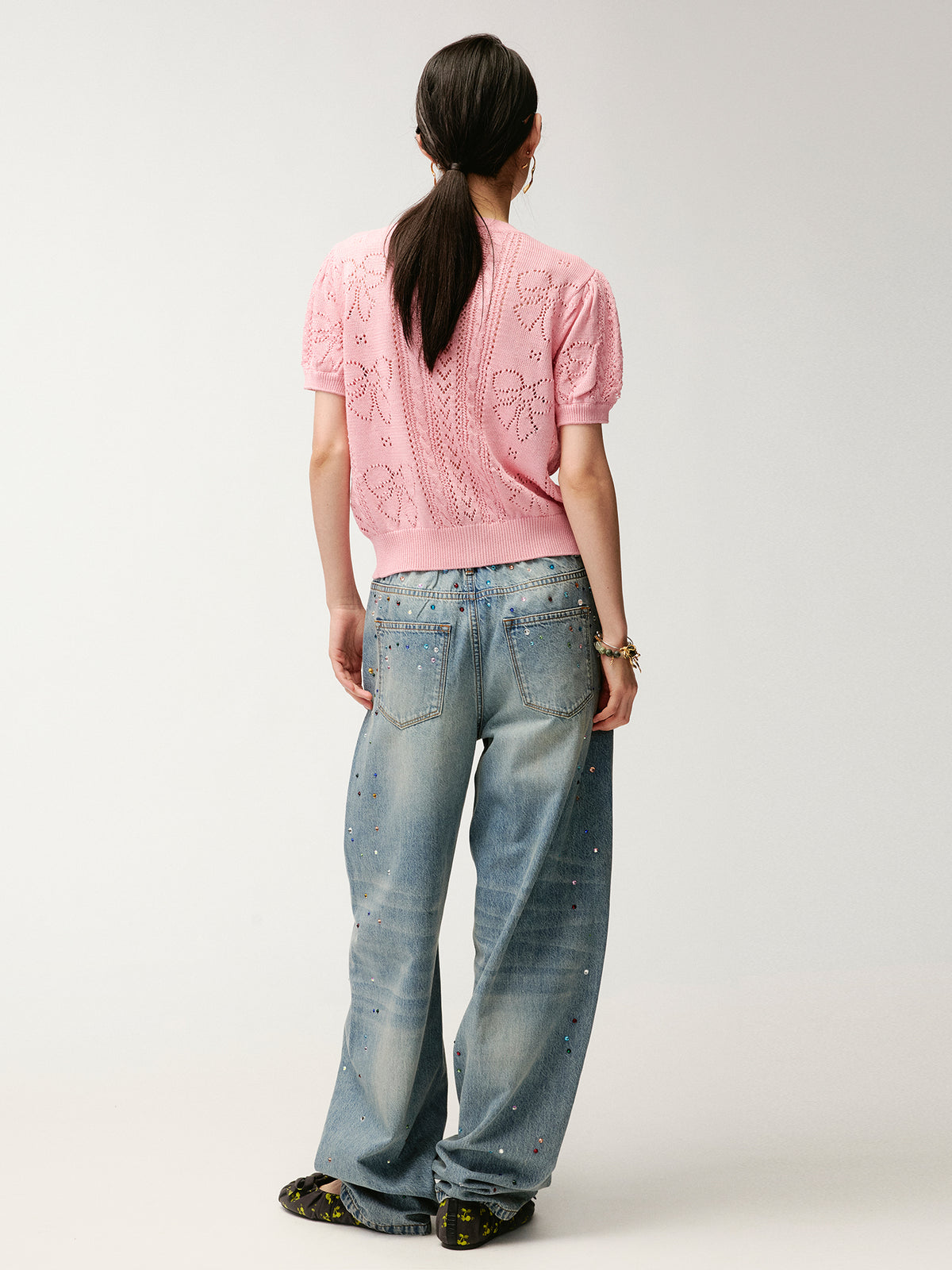 Rhinestone curved denim trousers