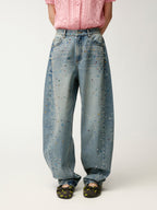 Rhinestone curved denim trousers
