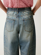 Rhinestone curved denim trousers