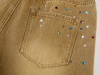 Rhinestone curved denim trousers